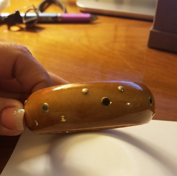 3 Wooden Bangles 14k Gold, Genuine Stones Inlayed - Picture 2 of 8